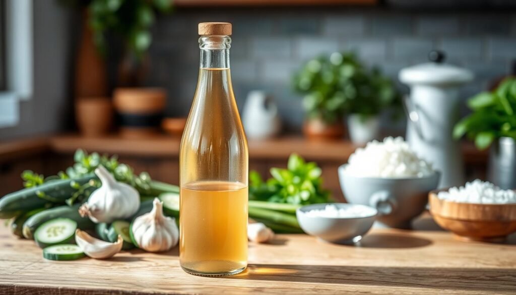 A beautifully arranged display featuring a bottle of rice vinegar, prominently positioned in the foreground. The bottle is sleek and elegant, its light amber liquid catching soft, natural light that reflects off its surface, showcasing the clarity and texture of the vinegar. Surrounding the bottle, a wooden kitchen counter is adorned with fresh ingredients like sliced cucumbers, garlic cloves, and a small bowl of sushi rice, hinting at culinary uses. In the background, softly blurred, there are hints of a lush green herb garden and a stylish kitchen setting, creating a warm and inviting atmosphere. The overall mood is fresh and wholesome, with a focus on the culinary role of rice vinegar in cooking. Capture the scene with a slight top-down angle to emphasize the arrangement and texture of the ingredients.