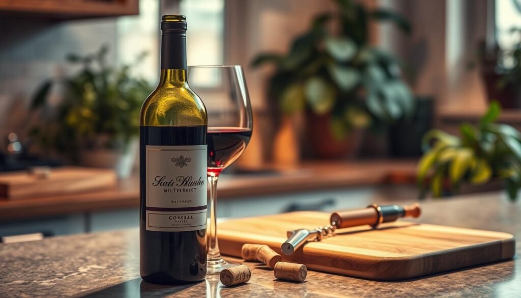 A beautifully arranged kitchen counter showcasing an open bottle of red wine, half-filled, with a stunning wine glass beside it capturing the light. The bottle features an elegant label and is positioned prominently in the foreground. In the middle ground, fresh wine corks and a stylish corkscrew rest subtly on a rustic wooden cutting board. The background is softly blurred, adorned with lush houseplants and warm, ambient lighting, reminiscent of a cozy evening. A hint of natural sunlight streams through a nearby window, enhancing the inviting atmosphere. The composition should emphasize freshness and care in wine storage, capturing the essence of practicality and warmth. No human subjects present, ensuring a clean and focused visual narrative.