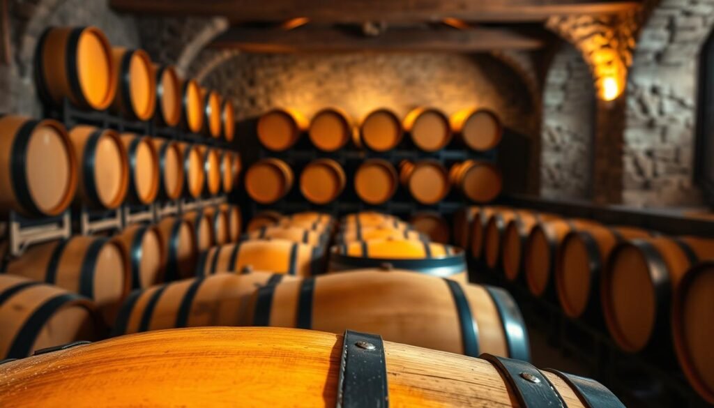 A beautifully arranged solera system showcasing rows of oak barrels filled with sherry wine, each barrel with varying shades of golden amber. In the foreground, a single barrel is partly opened, revealing the rich liquid inside, glimmering under soft, warm light. The middle ground features several barrels stacked in a traditional staggered formation, highlighting the fractional blending process. In the background, a cozy cellar atmosphere is created, with stone walls and wooden beams, illuminated by gentle, ambient lighting that casts inviting shadows. The overall mood feels nostalgic and earthy, embodying the rich heritage of sherry production, emphasizing the craftsmanship and tradition involved in the solera system.