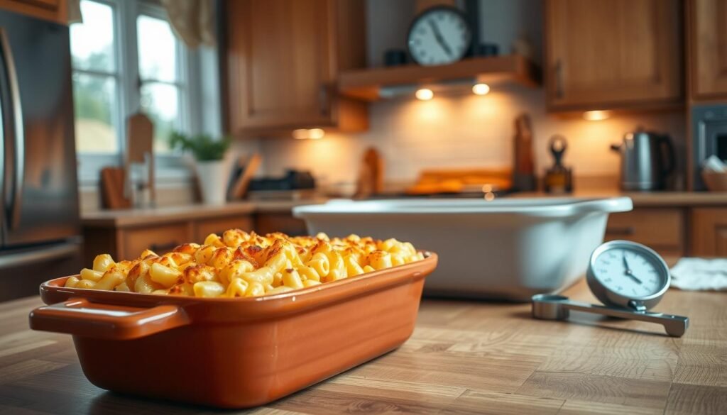 A beautifully composed kitchen scene focused on a deliciously baked mac and cheese dish, prominently placed in a rustic, warm-colored casserole dish. In the foreground, the dish is golden-brown on top, with bubbling cheese slightly spilling over the edges, showcasing the perfect timing of doneness. Surrounding the dish, measuring tools like a timer and temperature gauge are placed neatly to emphasize timing and temperature cues. The middle ground features a cozy, inviting kitchen with wooden cabinets and soft, diffused lighting filtering through a window. In the background, a clock on the wall indicates the ideal baking time, enhancing the theme of timing. The atmosphere is warm and homey, perfect for a family gathering, enticing viewers with the aroma of freshly baked comfort food.