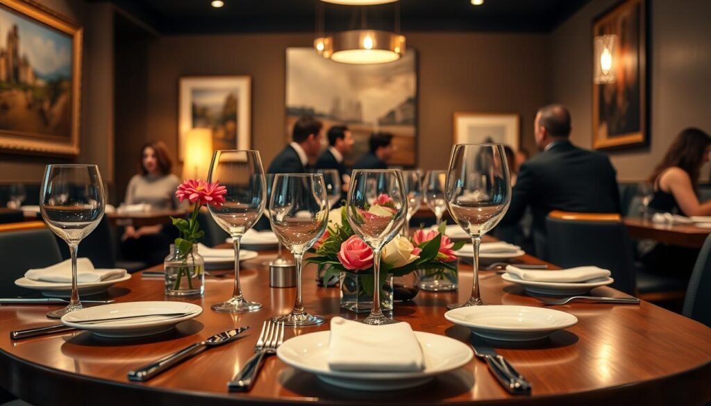 A beautifully set casual fine dining table at a stylish restaurant. In the foreground, a polished wooden table adorned with elegant dishware, crystal wine glasses, and fresh floral arrangements, suggesting a refined yet relaxed dining experience. In the middle background, well-dressed patrons in professional attire engage in pleasant conversation, creating a warm and inviting atmosphere. Soft, ambient lighting enhances the elegance of the setting, with soft shadows casting across the table. The background features tasteful art on the walls and softly lit pendant lights hanging from the ceiling, adding to the sophistication of the scene. The overall mood is intimate and welcoming, evoking the essence of casual fine dining.