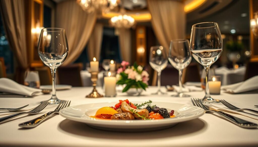 A beautifully set fine dining table in an upscale restaurant, featuring an elegant white tablecloth with delicate, polished silverware and crystal glassware. The foreground captures a pristine plate of gourmet cuisine artfully arranged, with vibrant colors and textures. In the middle ground, a small bouquet of fresh flowers adds a touch of sophistication, while ambient candlelight casts a warm, inviting glow. The background showcases an opulent interior with soft drapery, dim lighting, and subtle decor, enhancing the atmosphere of luxury and exclusivity. The scene is captured from a low angle, creating an intimate perspective that draws the viewer in, evoking a sense of refined elegance, perfect for illustrating the essence of fine dining today.