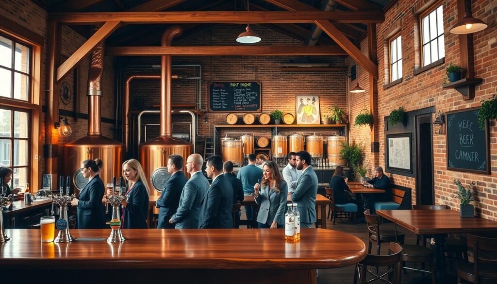 A charming microbrewery interior, featuring rustic wooden beams and large windows letting in warm natural light. In the foreground, a polished wooden bar with craft beer taps, showcasing various unique labels. Several patrons in smart casual clothing are engaged in conversation, enjoying their drinks. In the middle, large copper brewing tanks and shelves lined with wooden barrels filled with beer, highlighting the brewing process. A chalkboard menu hangs on the wall, listing different craft beers of the month. In the background, a cozy seating area with exposed brick walls, adorned with beer-themed artwork and potted plants, exuding a welcoming atmosphere. Soft, warm lighting creates an inviting ambiance, enhancing the sense of community and craftsmanship in this microbrewery setting.