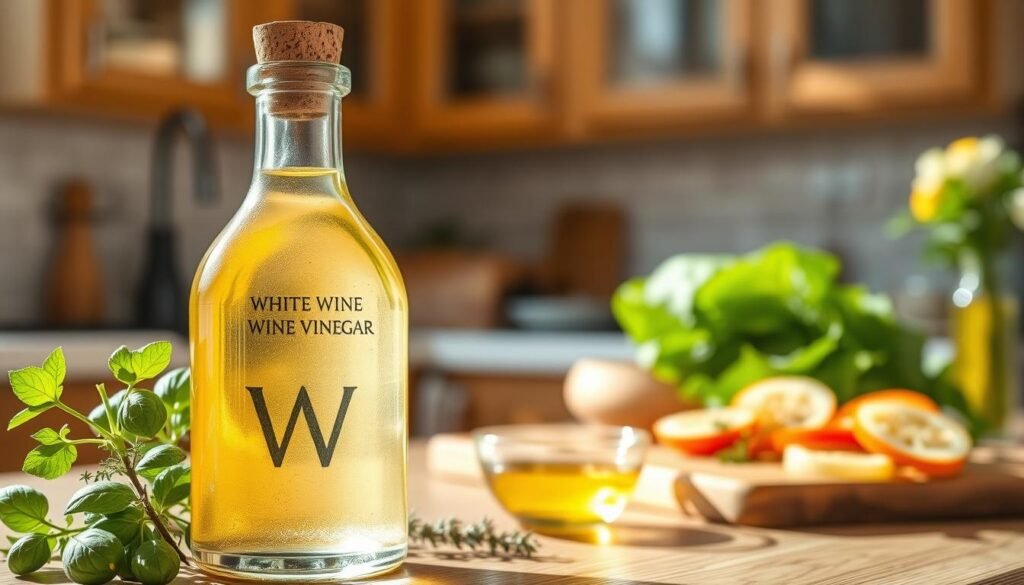 A clear glass bottle of white wine vinegar with a cork stopper sits elegantly in the foreground, glistening in natural sunlight, showcasing the translucent, light golden liquid inside. The bottle is surrounded by fresh herbs like basil and thyme, and a small bowl of olive oil to its side adds a culinary touch. In the middle ground, there is a wooden cutting board with sliced vegetables, hinting at the vinegar's use in cooking. The background features a softly blurred kitchen setting with warm wooden cabinetry and sunlight streaming through a window, creating a cozy and inviting atmosphere. The scene conveys a sense of freshness and culinary delight, emphasizing the distinct character of white wine vinegar.