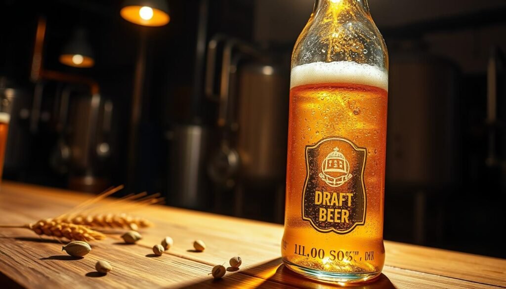 A close-up image of a beautifully crafted glass bottle of draft beer, showcasing its golden hue and frothy head. The foreground features the bottle with condensation beads glistening under soft, warm lighting, emphasizing its refreshing appeal. In the middle, a rustic wooden table adds a warm texture, with a few barley grains and hops scattered for context. The background fades softly into a dimly lit, atmospheric brewery setting, with silhouettes of brewing equipment blurred to enhance focus on the bottle. The overall mood is inviting and cozy, evoking a sense of comfort and enjoyment that draft beer embodies. The angle is slightly tilted to capture the bottle's label and the curvature of the glass.