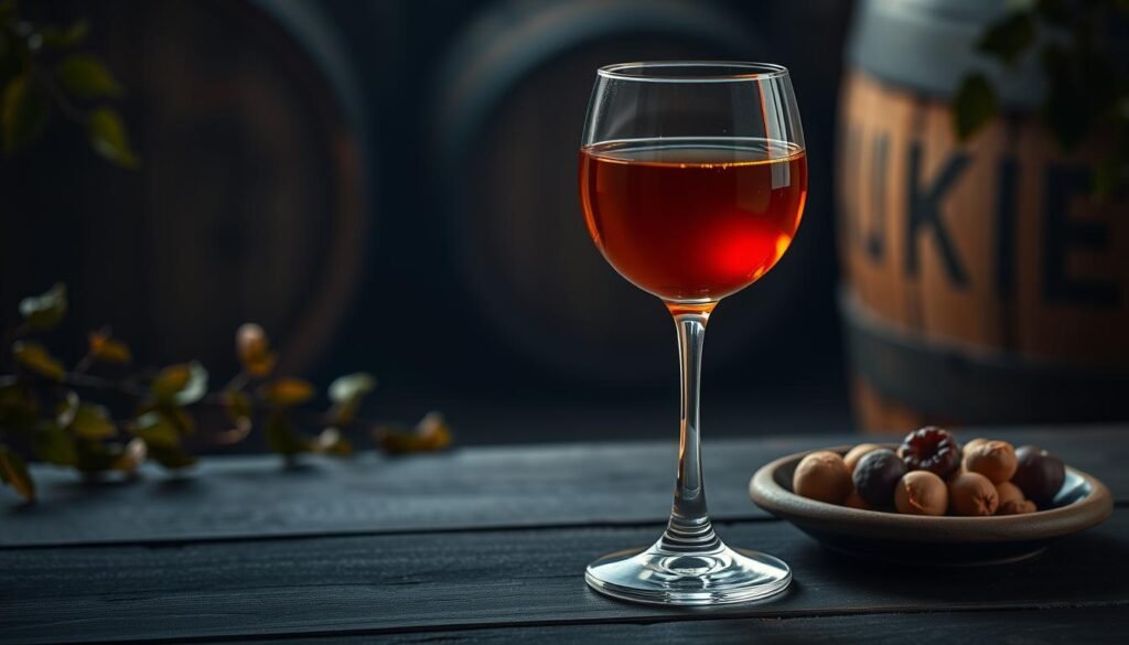 A close-up of a glass of cream sherry, showcasing its rich amber-brown color with a slight golden hue. The glass is elegantly placed on a dark wooden surface that contrasts with the warm tones of the wine. Soft, diffused lighting illuminates the glass, highlighting its delicate legs and the subtle texture of the liquid. In the background, faint silhouettes of aging sherry barrels and vine leaves create an atmospheric, rustic vineyard scene. Include hints of nuts and dried fruit on a small, rustic plate beside the glass, suggesting the wine's flavor profile. The mood is warm and inviting, evoking a sense of sophistication and comfort. Use a shallow depth of field to keep the focus on the sherry while softly blurring the background elements.