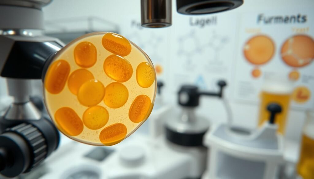 A close-up of lager yeast cells under a microscope, showcasing their distinct, oval shapes and vibrant color variations. The foreground features the microscope with detailed focus on the yeast cells, displaying their texture and structure in high resolution. The middle ground includes subtle reflections of laboratory equipment, conveying a scientific atmosphere. The background should consist of a softly blurred laboratory setting with scientific posters about fermentation, emphasizing a clean, sterile environment. Soft, diffused lighting enhances the intricate details of the yeast, creating a sense of depth and clarity. The overall mood is informative and focused, ideal for illustrating the differences in yeast types used in brewing.