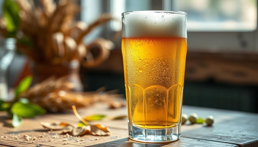 A close-up shot of a cold lager beer in a crystal-clear glass, beaded with condensation, sitting on a rustic wooden table. The glass showcases the golden hue of the lager, with a frothy white head spilling slightly over the rim. In the background, blurred images of barley and hops softly hint at the ingredients used in brewing. Natural light filters in from a nearby window, creating a warm and inviting atmosphere, accentuating the refreshing qualities of the drink. The composition is shot from a slightly elevated angle, emphasizing the texture of the beer and the elegance of the glass, evoking feelings of relaxation and enjoyment.
