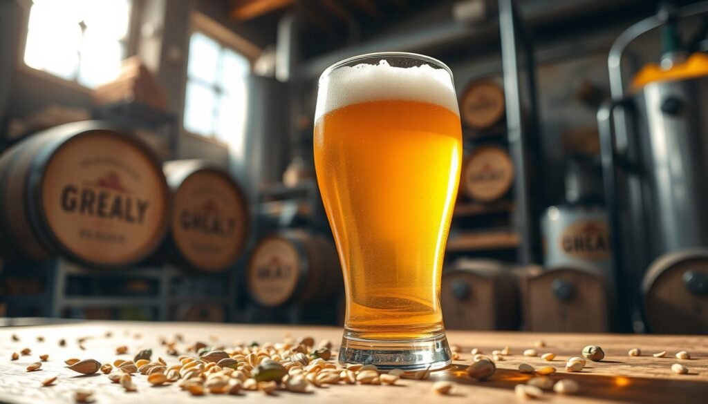 A close-up shot of a frothy glass of pale ale, with rich golden amber hues reflecting the light. The glass should be placed on a rustic wooden table, surrounded by scattered barley grains and hops, emphasizing the ingredients used in brewing. In the background, a soft-focus brewery setting is visible, with wooden barrels and shelves of brewing equipment softly lit by warm, ambient lighting. Capture a cozy, inviting atmosphere that evokes the sensory experience of enjoying a craft beer. The angle should be slightly tilted to highlight the beer's carbonation and texture, with natural sunlight streaming in to create a warm glow. No text or branding elements should be present in the image.