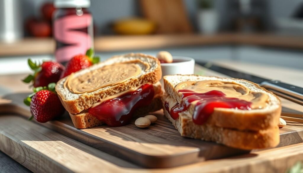 A close-up view of a delicious peanut butter and jelly sandwich, featuring smooth, creamy peanut butter spreading between two slices of whole-grain bread, vibrant red grape jelly oozing slightly out the sides. The foreground showcases the sandwich cut diagonally, revealing its filling texture, with fresh strawberries and a handful of peanuts artfully arranged beside it. In the middle ground, a rustic wooden cutting board with a butter knife and a small bowl of jelly add a homey touch. Soft, natural lighting illuminates the scene from a side angle, casting gentle shadows that enhance the texture of the bread and the richness of the jelly. The background is subtly blurred, featuring hints of a cheerful kitchen setting, evoking a warm, inviting atmosphere, perfect for discussing the nutritional aspects of a PB&J.