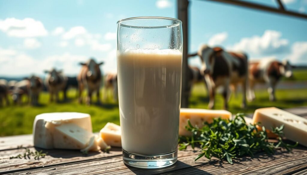 A close-up view of a glass of fresh cow milk, glistening with condensation, set on a rustic wooden table. The glass is filled to the brim, showcasing the creamy texture and slight froth at the top. In the background, soft-focused pastoral scenery reveals a grazing herd of cows under a bright blue sky, emphasizing the source of the milk. Natural light filters through, creating a warm glow and highlights the liquid’s rich, creamy color. Surrounding the glass, a few scattered ingredients like cheese wheels made from cow’s milk and fresh herbs add to the composition's authenticity. The mood is serene and inviting, celebrating the simplicity and purity of cow milk.