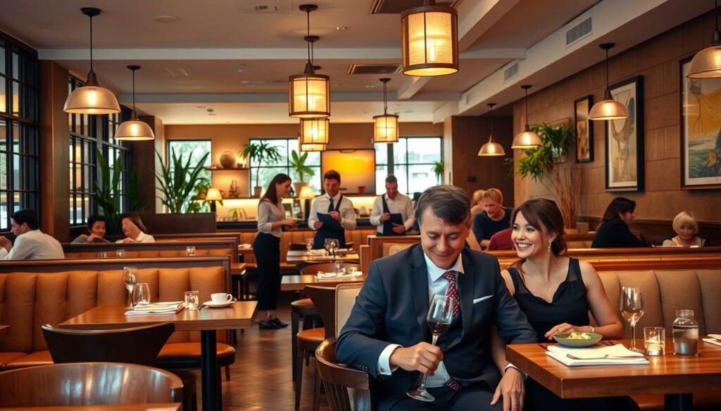 A cozy and inviting casual dining restaurant interior, featuring a blend of wooden tables and soft, plush seating. In the foreground, a well-dressed couple enjoying a meal, showcasing a relaxed yet sophisticated dining atmosphere. In the middle, waitstaff in smart casual attire attending to customers, with menus in hand and laughter filling the air. The background reveals warm, ambient lighting from pendant lamps, decorative plants, and artful wall décor, all contributing to a welcoming vibe. The angle captures the depth of the restaurant, emphasizing the bustling yet enjoyable ambiance. The scene evokes a sense of comfort and community, perfect for a casual gathering.