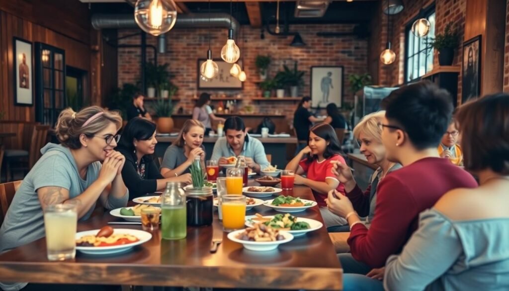 A cozy casual dining restaurant interior, featuring warm wood tones and soft ambient lighting. In the foreground, a beautifully set table with an array of colorful dishes and drinks, hinting at a relaxed dining experience. In the middle ground, a diverse group of people in modest casual clothing enjoying their meals and engaging in friendly conversation, capturing the essence of community and comfort. In the background, the restaurant's decor includes rustic elements like exposed brick walls, hanging Edison bulbs, and potted plants, enhancing the inviting atmosphere. The perspective should be a wide angle to showcase the bustling environment, with soft focus on the background to draw attention to the vibrant scene of communal dining. The overall mood is welcoming and lively, emphasizing the essence of casual dining.