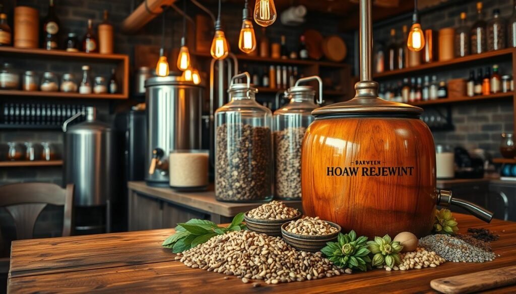 A cozy microbrewery interior, showcasing a wooden brewing kettle bubbling with a rich, golden brew in the foreground, surrounded by colorful hops, malt grains, and spices neatly arranged on a rustic wooden table. In the middle, large glass containers filled with various fermentation ingredients, reflecting the warm light of dangling Edison bulbs. The background features shelves lined with brewing tools and ingredients, enhancing the artisanal atmosphere. Capture this scene from a slightly elevated angle, emphasizing the detailed textures of the ingredients and the inviting warmth of the setting. The mood is innovative and lively, representing the small-batch brewing process with a focus on craftsmanship and creativity. Provide soft lighting to create a welcoming and inspiring environment.