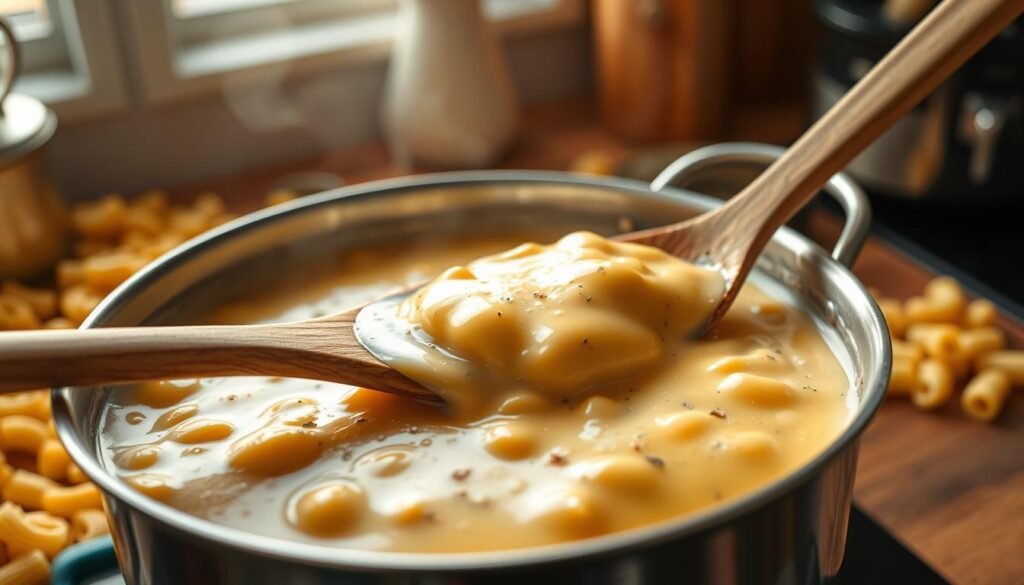 A creamy, luscious stovetop mac and cheese sauce bubbling gently in a medium-sized stainless steel saucepan. The sauce features a rich, golden hue, interspersed with tiny flecks of black pepper and hints of melted cheese texture. In the foreground, a wooden spoon rests against the edge of the pot, with a small portion of sauce draped on it, showcasing its thickness and consistency. In the middle ground, there are uncooked elbow macaroni scattered around, suggesting the meal in preparation. The kitchen background is softly blurred, illuminated by warm, natural light streaming in from a nearby window, creating a cozy, inviting atmosphere. The scene conveys a sense of comfort and home cooking, perfect for a stovetop mac and cheese experience without milk.