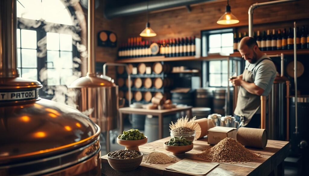 A detailed brewing process scene, featuring a cozy brewery interior in the foreground, displaying shiny copper brewing kettles with steam rising, and a relaxed but focused brewer in a professional apron, meticulously measuring ingredients. In the middle ground, ingredients like hops and malt are artistically arranged on wooden tables, illuminated by warm, inviting light. In the background, shelves filled with bottles and barrels create a sense of depth and craftsmanship, while soft natural light filters through large windows. The atmosphere is warm and inviting, capturing the essence of tradition and expertise in brewing. The lens captures this scene with a slight depth of field, emphasizing the brewing equipment while softly blurring the background, creating a compelling visual narrative about the brewing process and its impact on ale flavor.