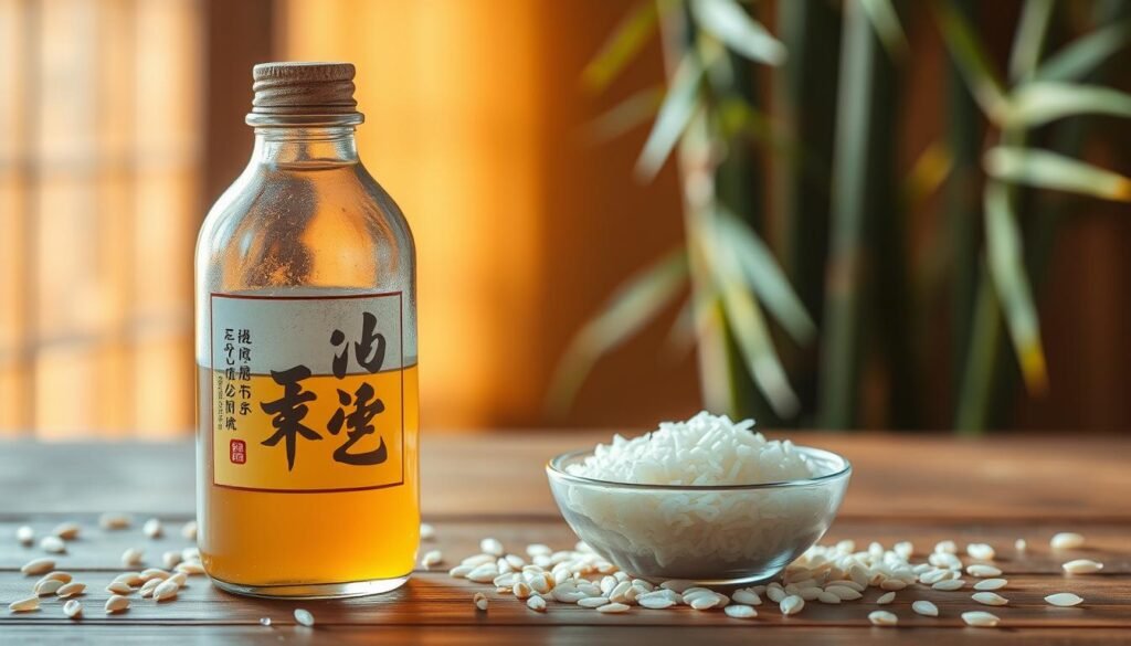 A glass bottle of rice vinegar with its unique light amber color, positioned prominently in the foreground. The bottle should exhibit traditional Asian design elements, with minimalistic patterns or labels. Surrounding the bottle, a few rice grains scattered artfully on a wooden table create a rustic atmosphere. In the middle ground, a small bowl filled with freshly cooked sushi rice, glistening with moisture, emphasizes the connection to the vinegar. The background features soft focus of bamboo plants, enhancing the traditional aesthetic. Warm, natural light filters through, casting gentle shadows and evoking a sense of calm and culinary authenticity. The composition must feel inviting and educational, perfect for illustrating the difference between rice vinegar and rice wine vinegar.