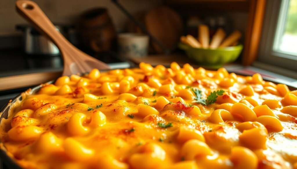 A golden-brown baked macaroni and cheese dish, fresh out of the oven, showcasing its creamy, custard-like texture with perfectly set edges ready for slicing. The foreground features a serving dish with smooth, cheesy pasta, garnished with a sprinkle of parsley, highlighting a rich, gooey cheese pull. In the middle, a wooden spatula rests beside the dish, capturing its inviting look. The background includes a cozy kitchen setting, softly illuminated by warm, natural light streaming through a window, enhancing the homely atmosphere. The overall mood is comforting and hearty, evoking the essence of a classic Southern comfort food, with a focus on the texture and appeal of the macaroni cheese.