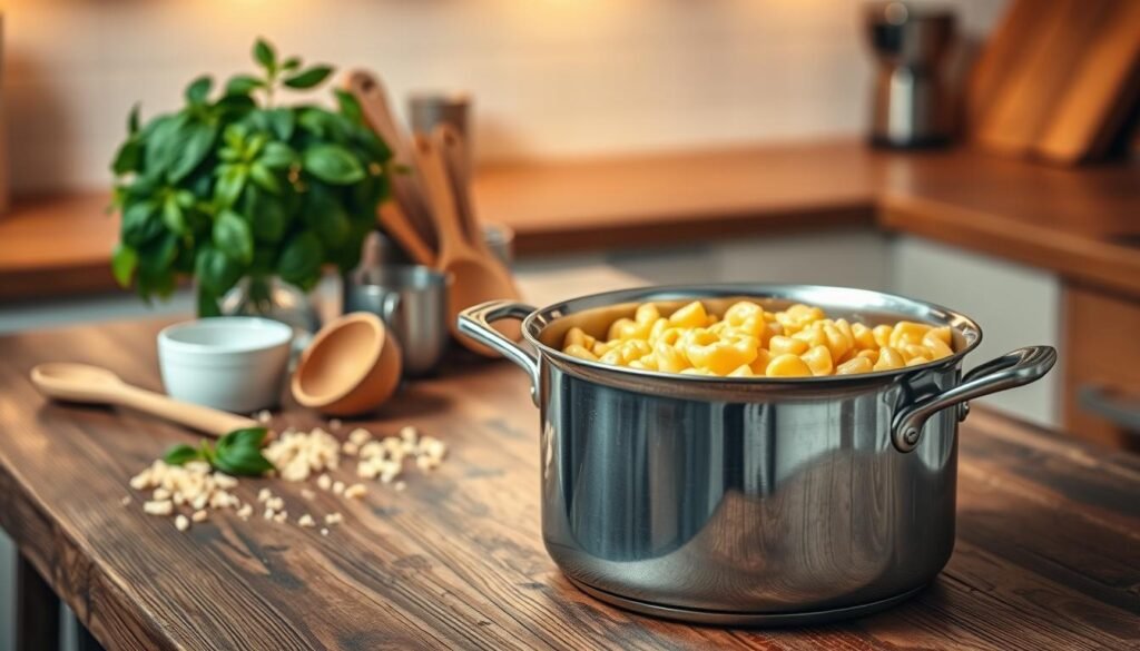 A large, gleaming stainless steel pot sits prominently in the foreground on a rustic wooden kitchen counter. The pot is filled with creamy, cheesy macaroni, bubbling slightly, exuding a rich golden hue. In the middle ground, a set of essential baking tools, including a wooden spoon and measuring cups, is neatly arranged. A vibrant, fresh basil plant and a sprinkle of breadcrumbs add a colorful touch. The background features a softly blurred kitchen setting with warm ambient lighting, creating a cozy and inviting atmosphere. The scene is framed with a narrow depth of field, emphasizing the pot and its delicious contents, inviting the viewer to imagine the delightful experience of cooking baked mac and cheese.