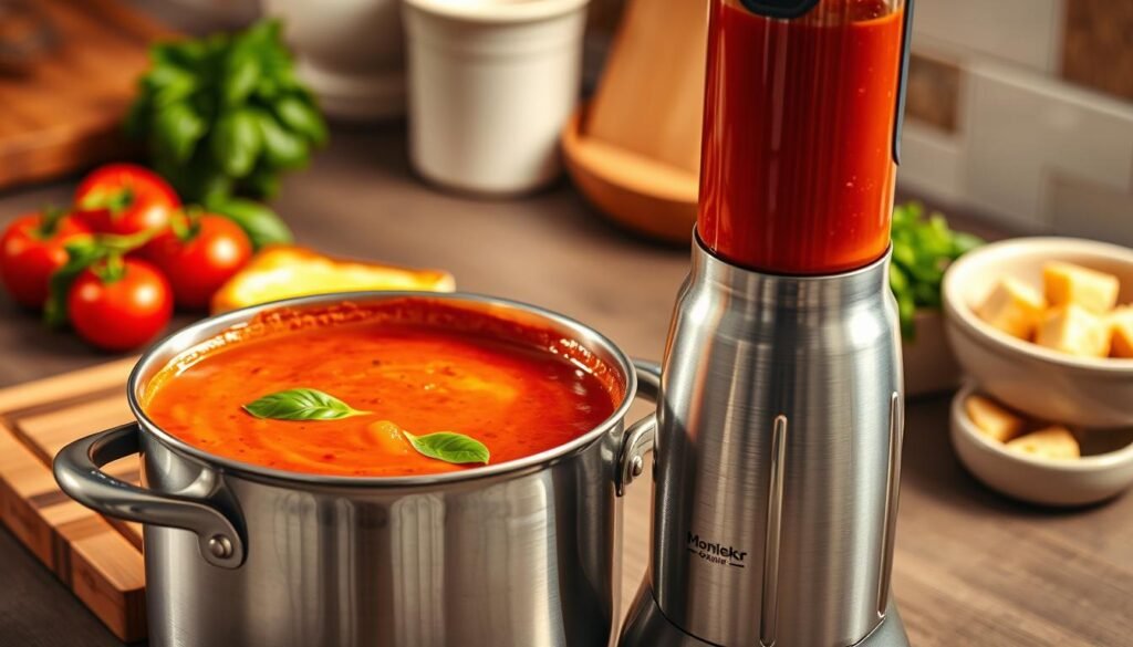 A large pot immersion blender, elegantly positioned in the foreground, is blending a vibrant, creamy tomato soup, with rich red hues and flecks of basil visible. The blender's stainless steel body gleams under warm, soft kitchen lighting, reflecting glimmers of light that enhance its sleek design. In the middle ground, a rustic wooden cutting board showcases grilled cheese sandwiches cut into triangles, their golden crust catching the light. The background features a kitchen countertop adorned with fresh ingredients: ripe tomatoes, a handful of basil leaves, and a light-colored ceramic bowl filled with croutons. The overall atmosphere is warm and inviting, suggesting a cozy kitchen where delicious textures and flavors come together. Capture this scene from a slightly elevated angle to emphasize the blender’s blending action.