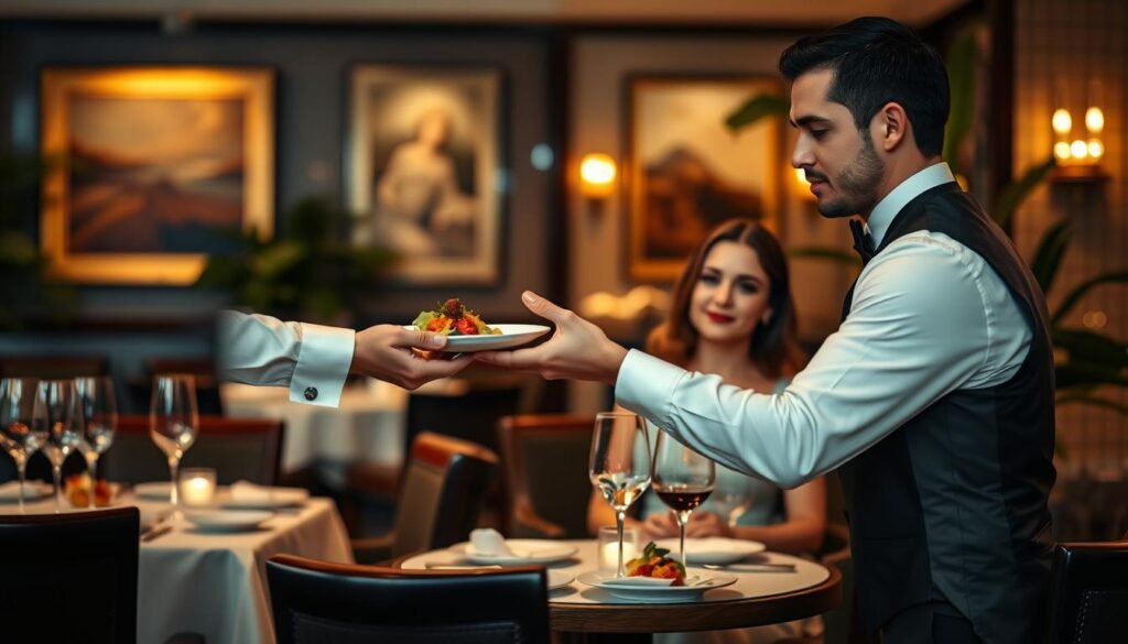 A luxurious fine dining restaurant scene showcasing impeccable service standards. In the foreground, a well-dressed waiter in a crisp white shirt and black vest is attentively serving a beautifully plated gourmet dish to a elegantly dressed couple enjoying their meal at an intimate table. In the middle ground, intricately set tables with sparkling glassware and fine china, complete with candlelight creating a warm ambiance. The background features soft, warm lighting that highlights sophisticated decor, including artwork and lush plants. The mood is one of elegance and refinement, encapsulating the essence of fine dining etiquette. Use a shallow depth of field to emphasize the waiter and couple, with soft bokeh effect on surrounding elements to enhance the intimate atmosphere.