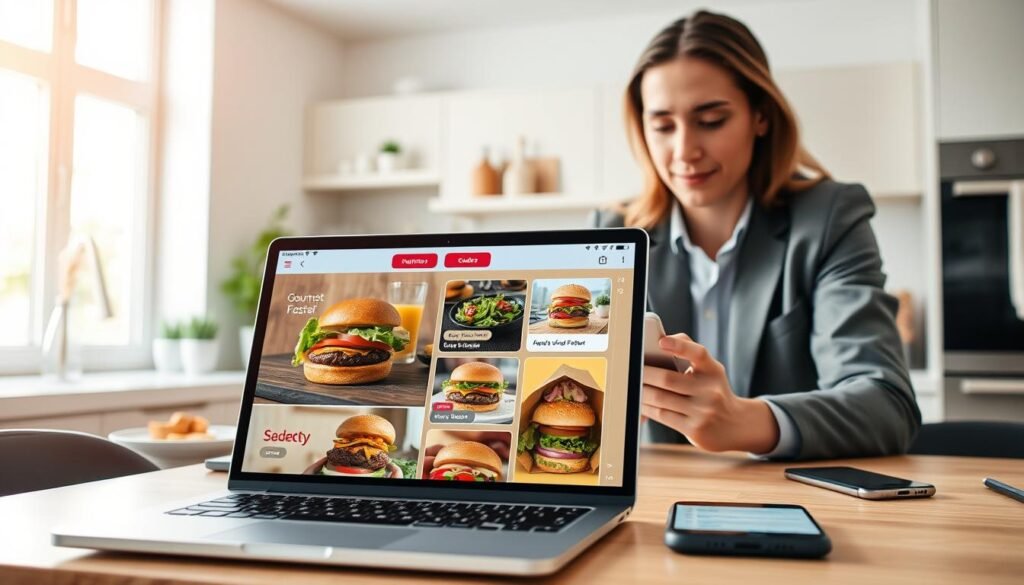 A modern and organized workspace showcasing a user-oriented online ordering experience. In the foreground, a sleek laptop displays a colorful, user-friendly food delivery app interface with images of delicious fast-casual dishes like gourmet burgers and fresh salads. In the middle, a young professional in a smart casual outfit browses through the app, looking engaged and satisfied. The background features a bright, airy kitchen with a subtle hint of a smartphone on the table showing delivery options, creating a sense of connectivity. Soft, natural lighting filters through a nearby window, casting a warm glow and enhancing the inviting atmosphere. The overall mood is efficient and convenient, highlighting the intersection of technology and dining.
