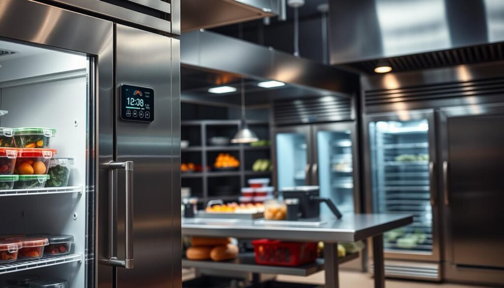 A modern restaurant kitchen setup showcasing temperature control systems essential for food safety. In the foreground, a stainless steel food storage cabinet displays neatly organized containers with fresh ingredients, emphasizing proper refrigeration techniques. In the middle, a digital thermostat and hygrometer prominently measure temperature and humidity levels, surrounded by ventilated shelving. The background features well-lit stainless steel appliances, like an circulating air oven and walk-in fridge, creating a clean, professional atmosphere. Soft, diffused lighting highlights the organized chaos of a bustling kitchen, while shadows create depth. Capture the mood of precision and professionalism in a high-efficiency kitchen, focusing on safety and freshness.