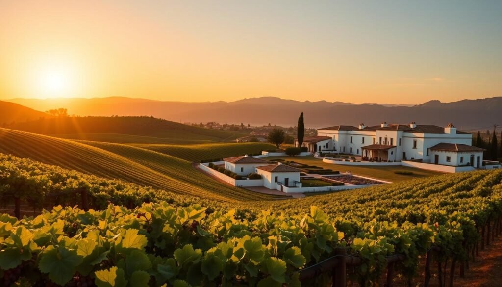 A picturesque landscape showcasing the Sherry Triangle in southern Spain, highlighting its rolling vineyards under a golden sunset. In the foreground, lush green grapevines stretch across gentle hills adorned with ripe grapes, signifying the wine's maturation. The middle ground features traditional whitewashed Spanish bodegas with terracotta roofs, surrounded by well-maintained gardens filled with vibrant flowers. In the background, the Sierra de Cádiz mountains rise majestically, framed by a clear sky transitioning from orange to deep blue. The scene captures a serene atmosphere, evoking a sense of tradition and craftsmanship in sherry production. Use soft, warm lighting to create an inviting ambiance, as if inviting the viewer to experience the rich heritage of this iconic region.