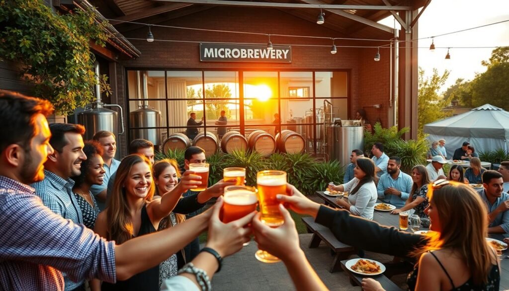 A vibrant community gathering around a microbrewery, showcasing the importance of local connections and craft brewing. In the foreground, a diverse group of people in professional business attire and modest casual clothing clink their glasses joyfully, fostering a sense of camaraderie. In the middle ground, the microbrewery itself features large windows displaying brewing equipment and wooden barrels, surrounded by lush greenery and picnic tables filled with community members enjoying local food. In the background, a sunset casts a warm golden light across the scene, enhancing the inviting atmosphere. The angle is slightly elevated, capturing both the welcoming vibe and the bustling activity, emphasizing the blend of people, place, and community spirit inherent in local microbreweries.
