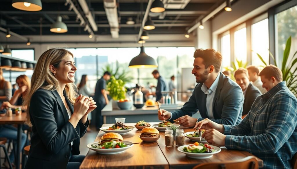 A vibrant fast casual restaurant scene showcasing a diverse group of customers enjoying their meals. In the foreground, a well-dressed woman and a man in business casual attire are sharing a wooden table, laughing and engaging in conversation over gourmet burgers and fresh salads. The middle ground features an open counter where staff members are preparing healthy bowls and artisanal sandwiches, highlighting the quality of ingredients. The background reveals a modern, airy space with large windows letting in bright, warm sunlight, and plants adding a touch of greenery. Soft, inviting lighting with a slight bokeh effect creates a relaxed yet lively atmosphere, perfect for casual dining. Compose the image with a slight depth of field to focus on the customers while softly blurring the busy kitchen behind them.