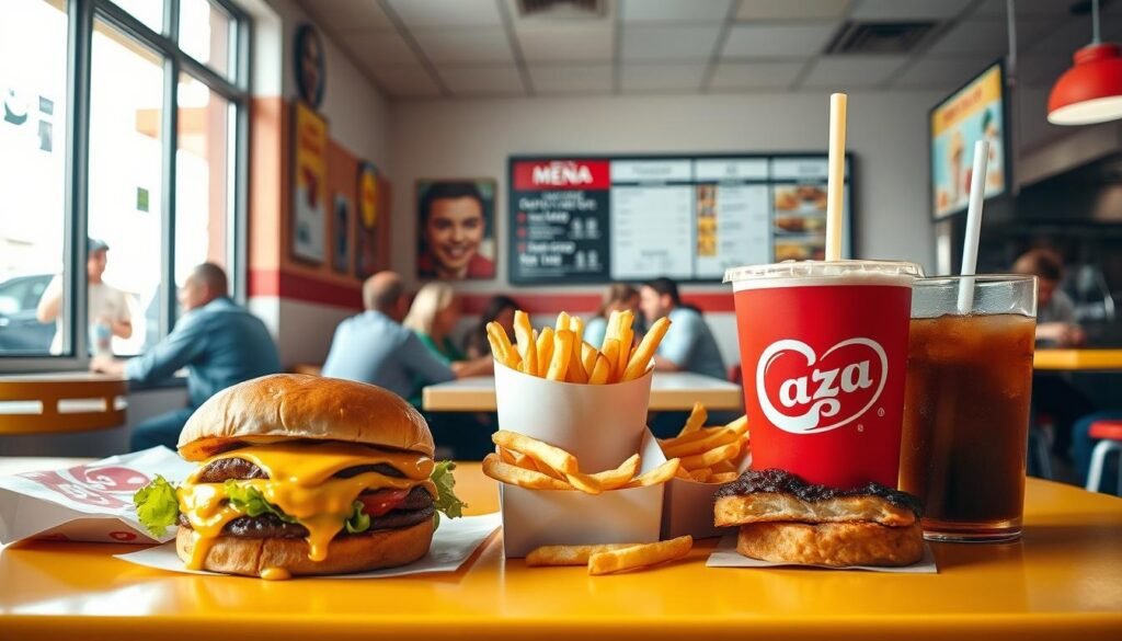 A vibrant fast food scene depicting a variety of classic items like burgers, fries, and milkshakes arranged aesthetically on a bright table. In the foreground, focus on a juicy cheeseburger with melted cheese dripping slightly, crispy golden fries in a paper cone, and a chilled soda in a branded cup. The middle ground features a casual dining environment, with customers seated at tables, enjoying their meals and chatting, depicting a lively atmosphere. Soft, natural light filters in through large windows, casting gentle shadows, while the background showcases a colorful menu board and a busy kitchen area. Capture the excitement and appeal of fast food dining in a warm, inviting setting, emphasizing the contrast to fast-casual dining environments.
