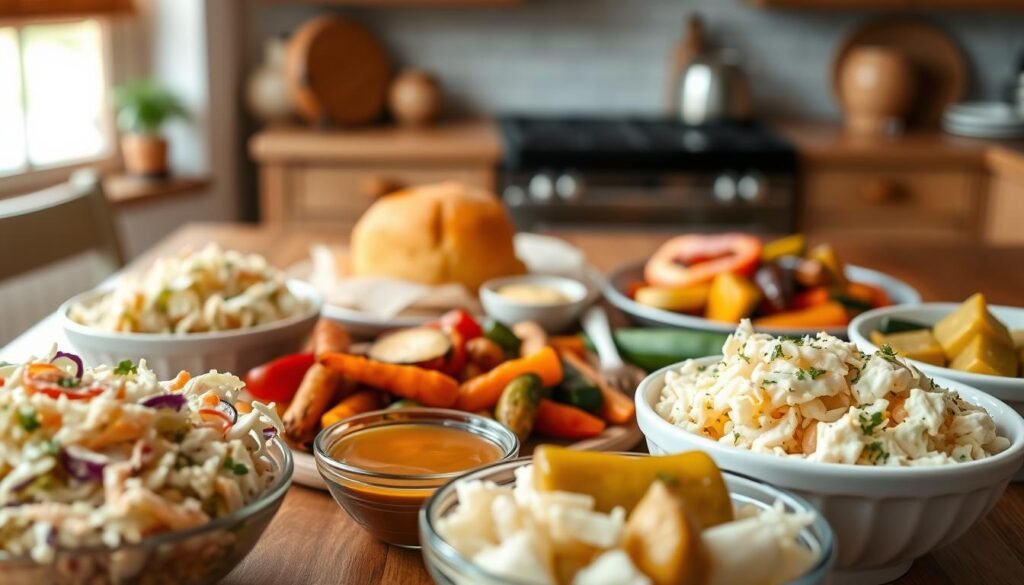 A vibrant, inviting table setting showcasing a variety of side dishes to complement pulled pork sandwiches. In the foreground, feature beautifully arranged bowls of coleslaw, creamy potato salad, and tangy pickles, garnished with fresh herbs. In the middle, a platter of cornbread, perfectly baked and golden brown, with a small dish of honey butter beside it. Accompanying these, a colorful array of roasted vegetables, such as carrots, bell peppers, and zucchini, adds freshness. In the background, softly blurred, a rustic wooden kitchen table enhances the warm, homey atmosphere. Natural light filters through a nearby window, casting a warm glow over the scene, creating a cozy, inviting mood. The composition is well-balanced, inviting the viewer to imagine a hearty meal.