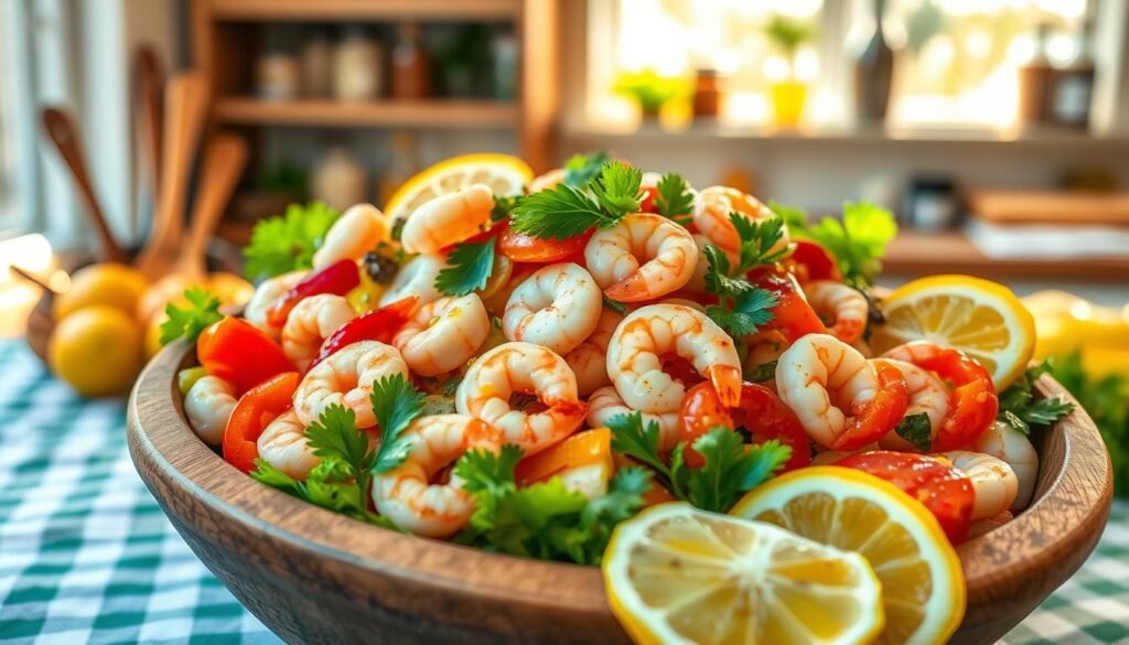 A vibrant seafood salad arranged beautifully in a rustic wooden bowl, showcasing a medley of fresh ingredients like succulent shrimp, tender calamari, and colorful bell peppers. In the foreground, the salad is garnished with bright green parsley and slices of lemon, glistening with a light drizzle of olive oil. The middle ground includes a checked tablecloth, a casual setting with soft-focus kitchen utensils hinting at a cozy home kitchen atmosphere. In the background, shelves lined with spices and herbs are bathed in warm, natural sunlight pouring through a nearby window, enhancing the freshness of the meal. The overall mood is inviting and cheerful, perfect for a culinary adventure. The image captures the essence of a vibrant, summertime dish.