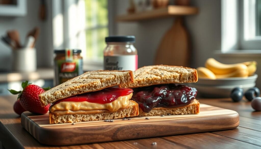 A visually appetizing peanut butter and jelly sandwich, sliced diagonally to reveal its colorful layers. In the foreground, display a rustic wooden cutting board with a creamy, golden-brown peanut butter spread on one slice and a rich, deep purple grape jelly on the other, with fresh, whole strawberries and a sprinkle of chia seeds beside it. In the middle ground, add a clean, inviting kitchen setting with soft natural light streaming in from a nearby window, casting gentle shadows. A jar of peanut butter and a jar of jelly are placed aesthetically in the background, along with a small dish of sliced bananas, creating a warm, wholesome atmosphere. The overall mood should feel fresh, health-conscious, and appealing, inviting viewers to explore this nutritious take on a classic sandwich.