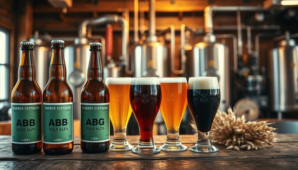 A visually striking image showcasing a variety of beer bottles arranged on a rustic wooden table. In the foreground, highlight three bottles prominently featuring clear labels showing different ABV percentages, ranging from low to high alcohol content. In the middle ground, include a set of elegant beer glasses filled with different types of beer, from pale ales to dark stouts, capturing the rich colors and varying frothy textures. In the background, softly blurred, display a brewery setting with brewing equipment and ingredients like hops and barley, adding depth to the scene. Use warm, inviting lighting to create a cozy atmosphere, with a shallow depth of field to accentuate the foreground elements. The overall mood should feel both educational and appealing to beer enthusiasts.