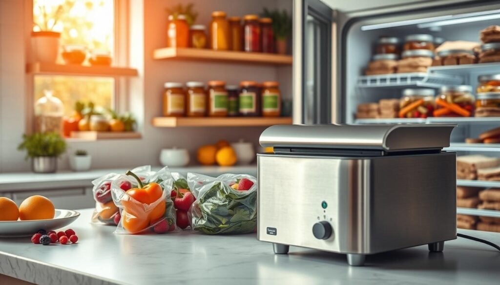 A visually striking kitchen scene showcasing advanced food preservation methods. In the foreground, a sleek stainless steel vacuum-sealing machine is actively sealing bags filled with vibrant, fresh produce like bell peppers, berries, and leafy greens, emphasizing the preservation process. The middle ground features neatly organized shelves of preserved jars with colorful labels, containing fermented vegetables and pickles, symbolizing various preservation techniques. In the background, a well-lit refrigeration unit displays neatly stacked, vacuum-sealed meals, hinting at modern storage solutions. The atmosphere is clean and inviting with bright, natural lighting filtering through a window, creating a warm and professional ambiance. Shot with a soft focus lens to highlight the food and preservation equipment, conveying a sense of freshness and innovation in food management.
