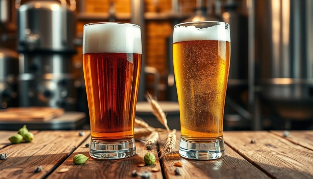 A vivid depiction of a glass of ale and a glass of lager side by side on a rustic wooden table, reflecting the rich amber hue of the ale and the golden clarity of the lager. In the foreground, the ale is topped with a creamy, frothy head, while the lager showcases a fine, bubbly effervescence. In the middle ground, there are hops and barley scattered around, symbolizing the different fermentation processes. A soft, warm light casts gentle shadows, enhancing the textures of the wood and the glasses. The background features a blurred brewery scene with brewing equipment, creating an authentic atmosphere. The overall mood is inviting and informative, perfect for illustrating the taste differences between ale and lager.