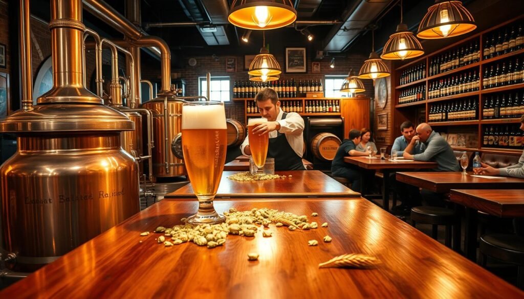 A warm and inviting brewpub interior showcasing the art of beer brewing. In the foreground, a gleaming copper brewing kettle and intricate fermentation tanks, surrounded by wooden barrels filled with beer. In the middle ground, a bartender in a crisp shirt and apron pours a foamy pint into a glass, with hops and barley scattered artistically on the polished bar. Customers can be seen enjoying their drinks, seated at rustic wooden tables adorned with hearty pub fare. The background features shelves lined with various beer bottles, warm ambient lighting emanating from vintage-style pendant lights, creating a cozy atmosphere. The scene captures the essence of community and craftsmanship, reflecting the historical evolution from public houses to modern brewpubs.
