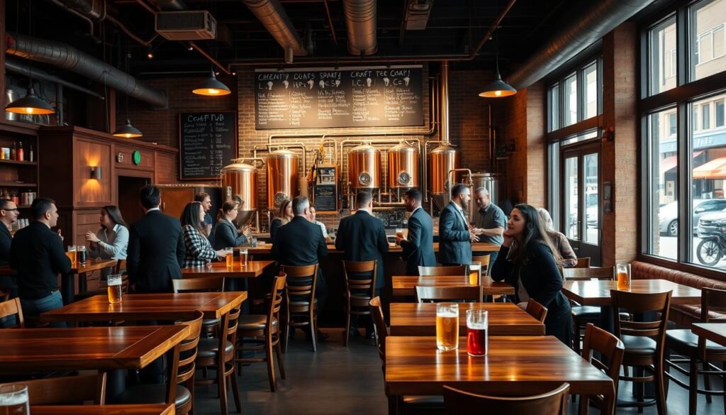 A warm and inviting brewpub interior, with polished wooden tables and high-backed chairs arranged around a central bar showcasing a variety of craft beers. In the foreground, a group of diverse patrons in business casual attire chat and enjoy their drinks. The middle ground features a large chalkboard displaying the day’s specials and a stylish brewing setup visible behind the bar, complete with copper kettles and assorted brewing equipment. Soft, ambient lighting casts a cozy glow over the scene, with large windows in the background revealing a bustling street outside. The atmosphere is relaxed and communal, reflecting the essence of a modern brewpub, emphasizing craft beer culture and social interaction. Use a wide-angle lens to capture the inviting space with a slight depth of field, highlighting the details in the foreground while maintaining focus on the overall ambience.