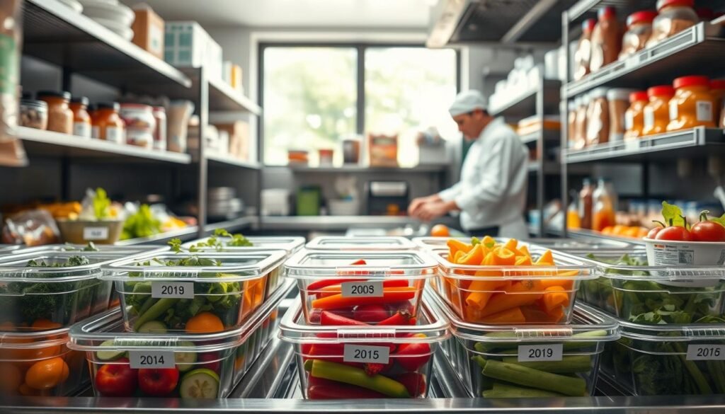 A well-organized restaurant kitchen showcasing proper food storage techniques. In the foreground, clearly visible clear plastic containers filled with colorful, fresh vegetables, neatly labeled with dates, arranged in a stainless steel fridge. The middle ground features a professional chef in a white uniform, handling ingredients with care, emphasizing a clean and efficient workspace. The background includes shelves stocked with dry goods, all labeled and organized, and a large window allowing natural light to flood the scene, creating a bright, inviting atmosphere. The mood is professional and hygienic, highlighting the importance of food safety and freshness in a restaurant environment. Shot with a wide-angle lens to capture the spaciousness of the kitchen, focusing on clarity and detail.
