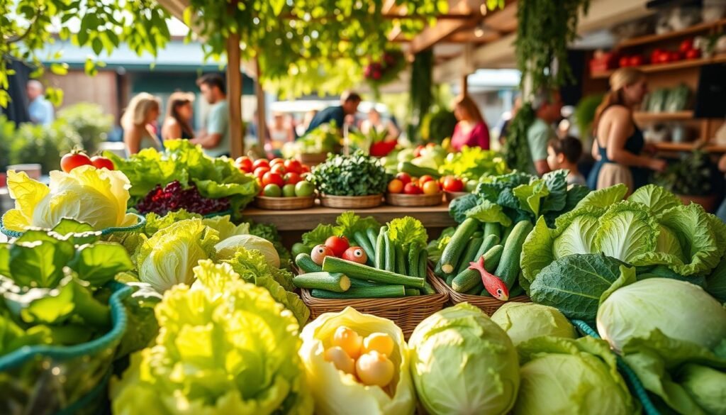 A whimsical and colorful stall featuring fresh, vibrant lettuce varieties, arranged in an inviting manner. The foreground showcases various heads of leafy greens – romaine, butterhead, and crisp iceberg – each glistening with morning dew, reflecting the freshness. In the middle, a rustic wooden countertop displays small baskets of complementary ingredients like tomatoes, cucumbers, and seafood-shaped decorations, enhancing the playful theme. The background presents a warm, sunlit market scene with blurred, cheerful shoppers admiring the produce, surrounded by greenery and herbs. Soft sunlight filters through leaves overhead, casting dappled shadows, creating a lively and inviting atmosphere. The angle is slightly elevated to capture the whole stall, emphasizing the abundant freshness and charm of the ingredients.
