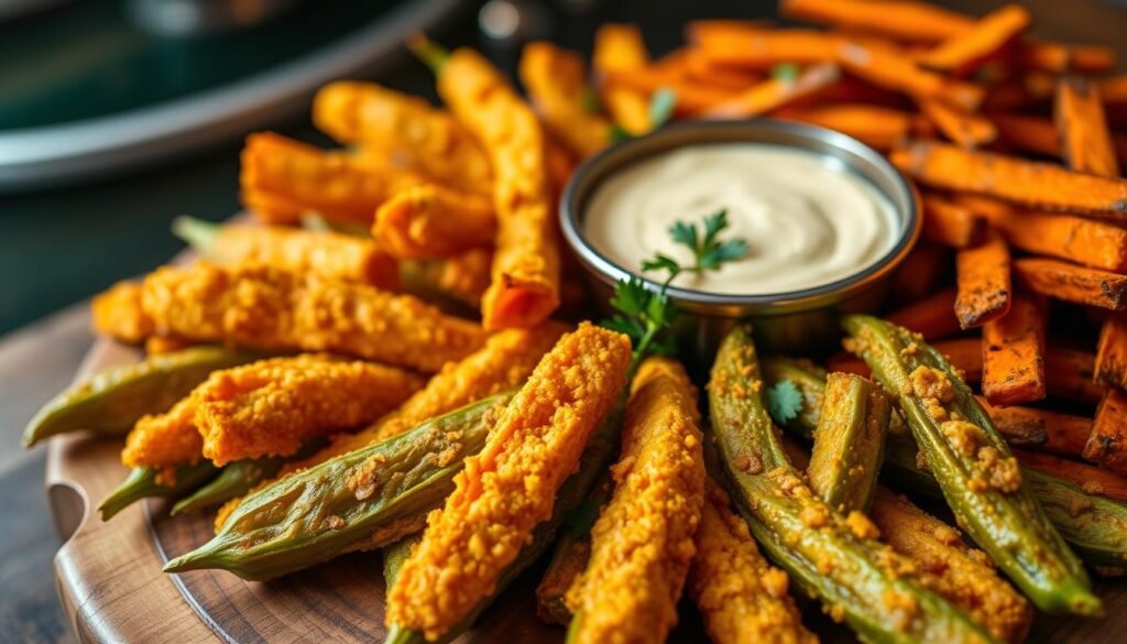 Oven-fried okra, golden and crispy, arranged alongside vibrant sweet potato fries with a perfect crunch, served on a rustic wooden platter. The foreground features the bright colors of the vegetables, with garnishes of fresh herbs adding a touch of green. In the middle, a softly blurred bowl of dipping sauce, perhaps a tangy aioli, is elegantly positioned to entice viewers. The background is a cozy kitchen setting, subtly lit with warm, inviting light that highlights the textures of the food. Shot from a slight overhead angle to capture the delicious contrast between the okra and sweet potato fries, creating a homely and appetizing atmosphere that evokes comfort and simplicity.